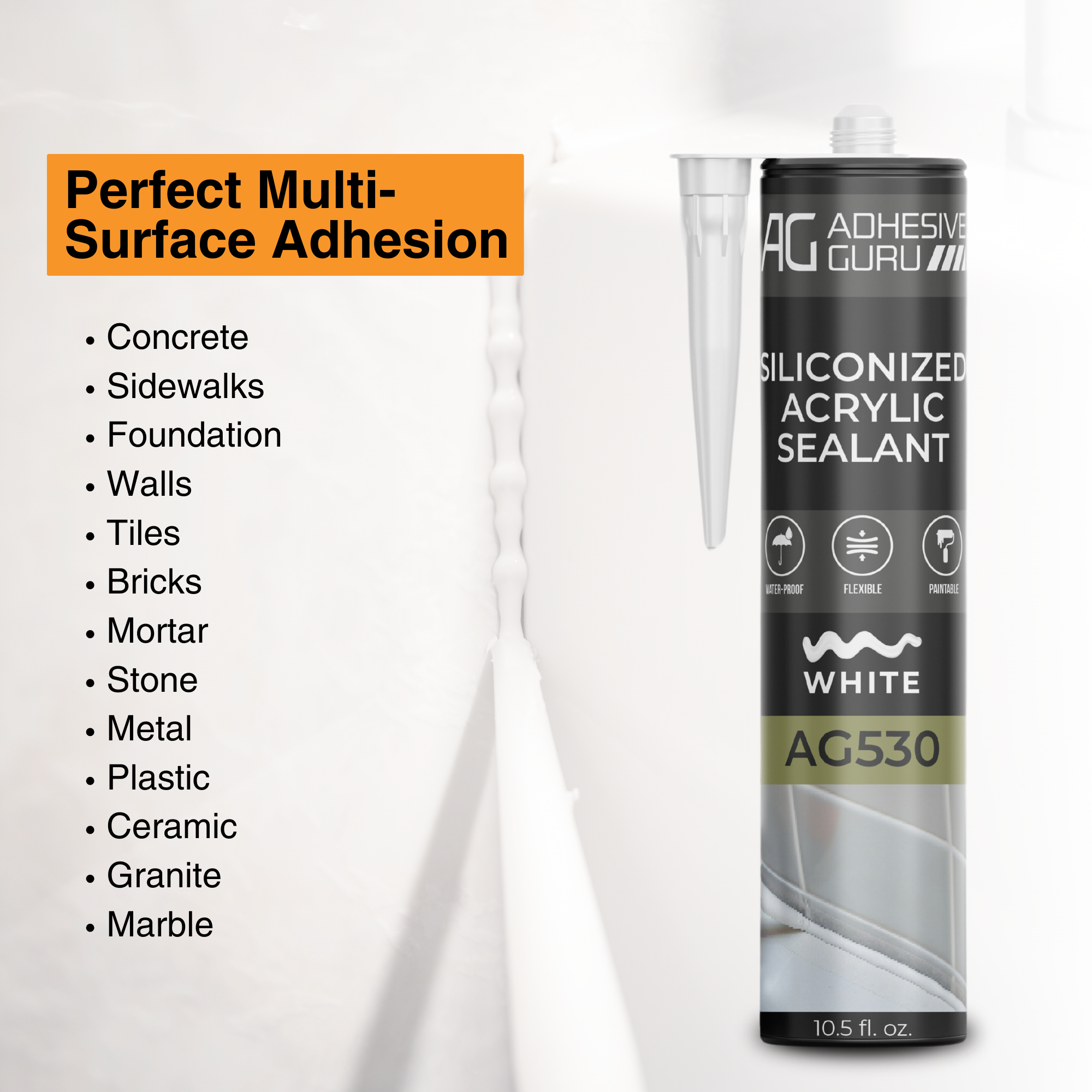 ADHESIVE GURU AG530 Siliconized Acrylic Sealant 10.5 fl oz, White