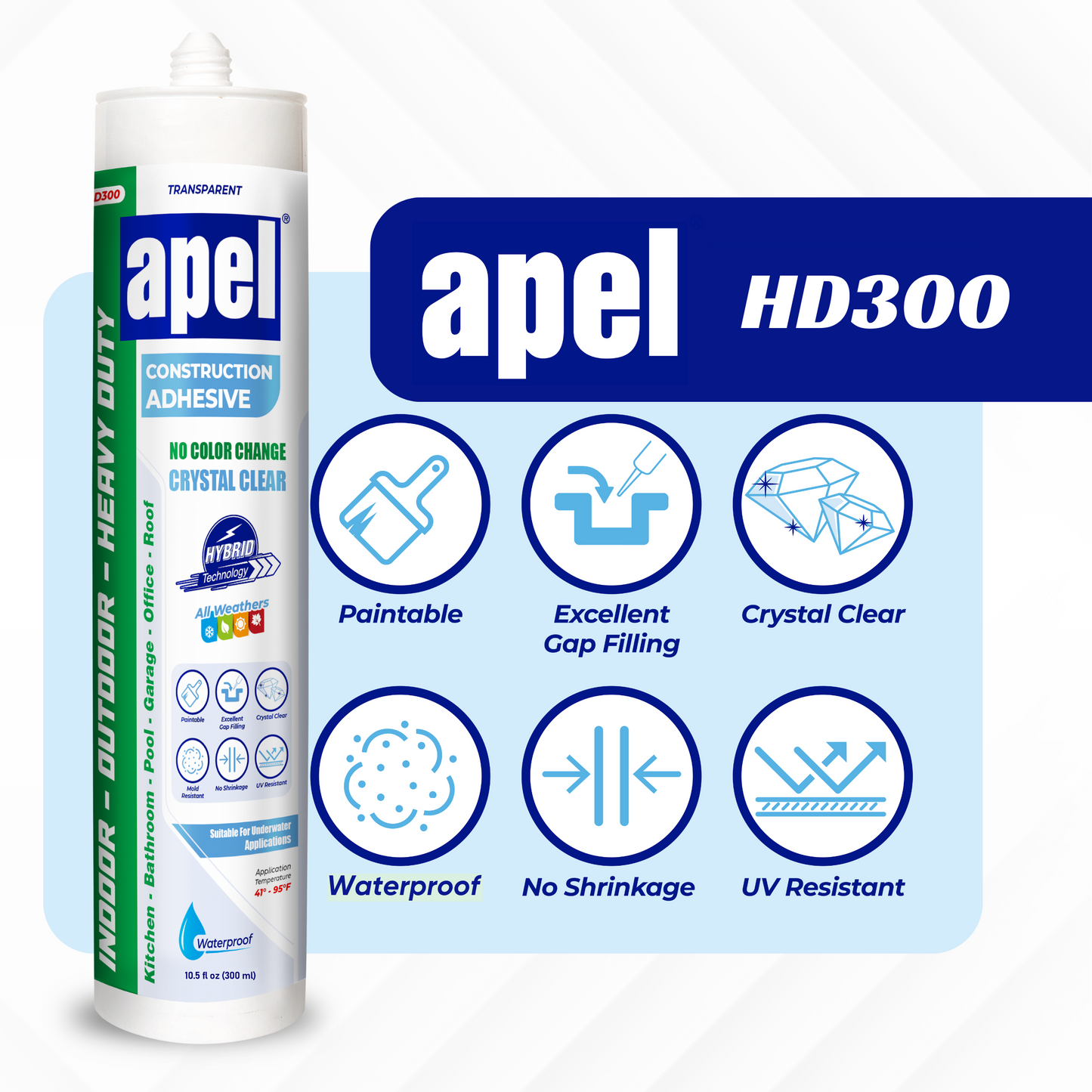 APEL HD300 Hybrid Construction Adhesive 10.5 fl oz Crystal Clear