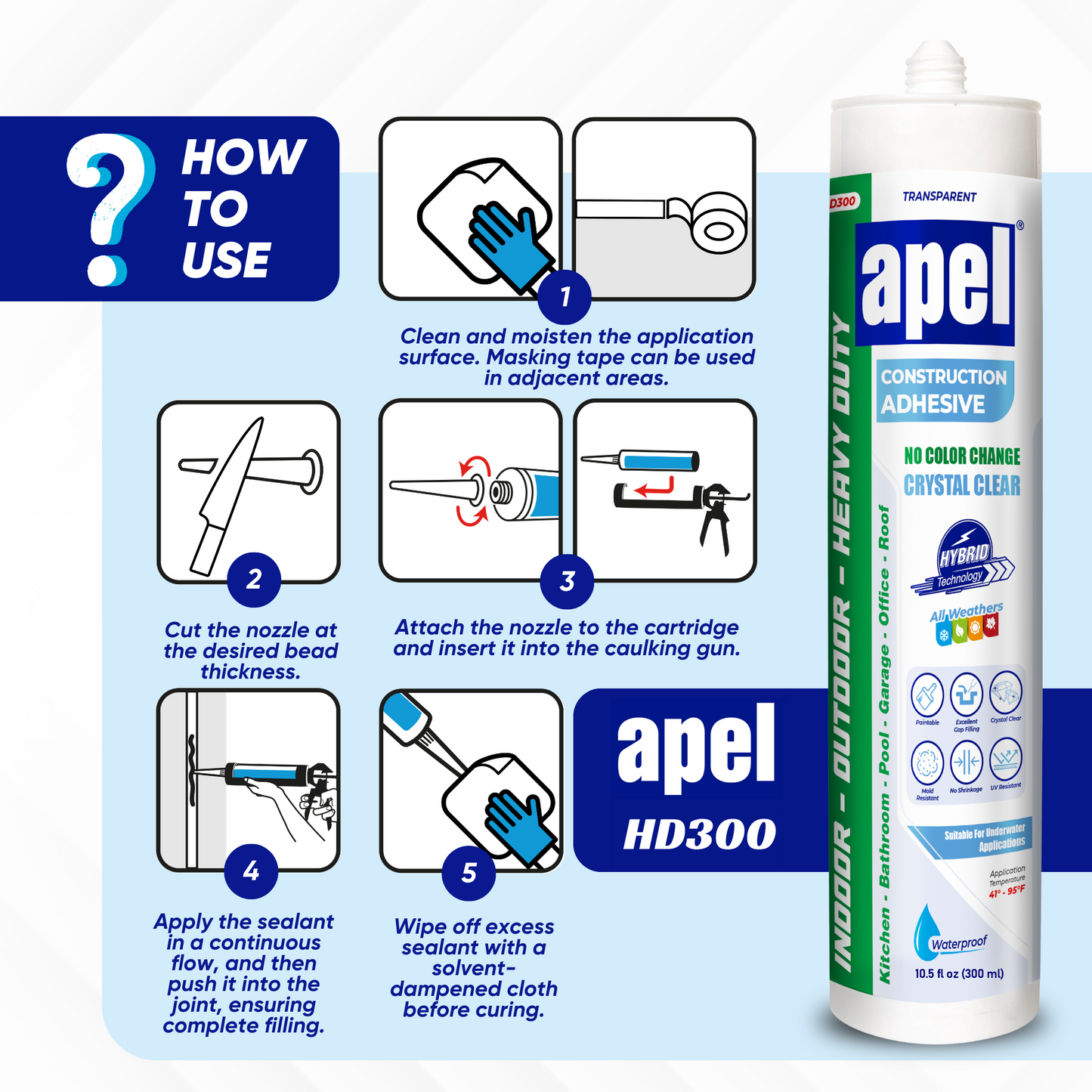 APEL HD300 Hybrid Construction Adhesive 10.5 fl oz Crystal Clear