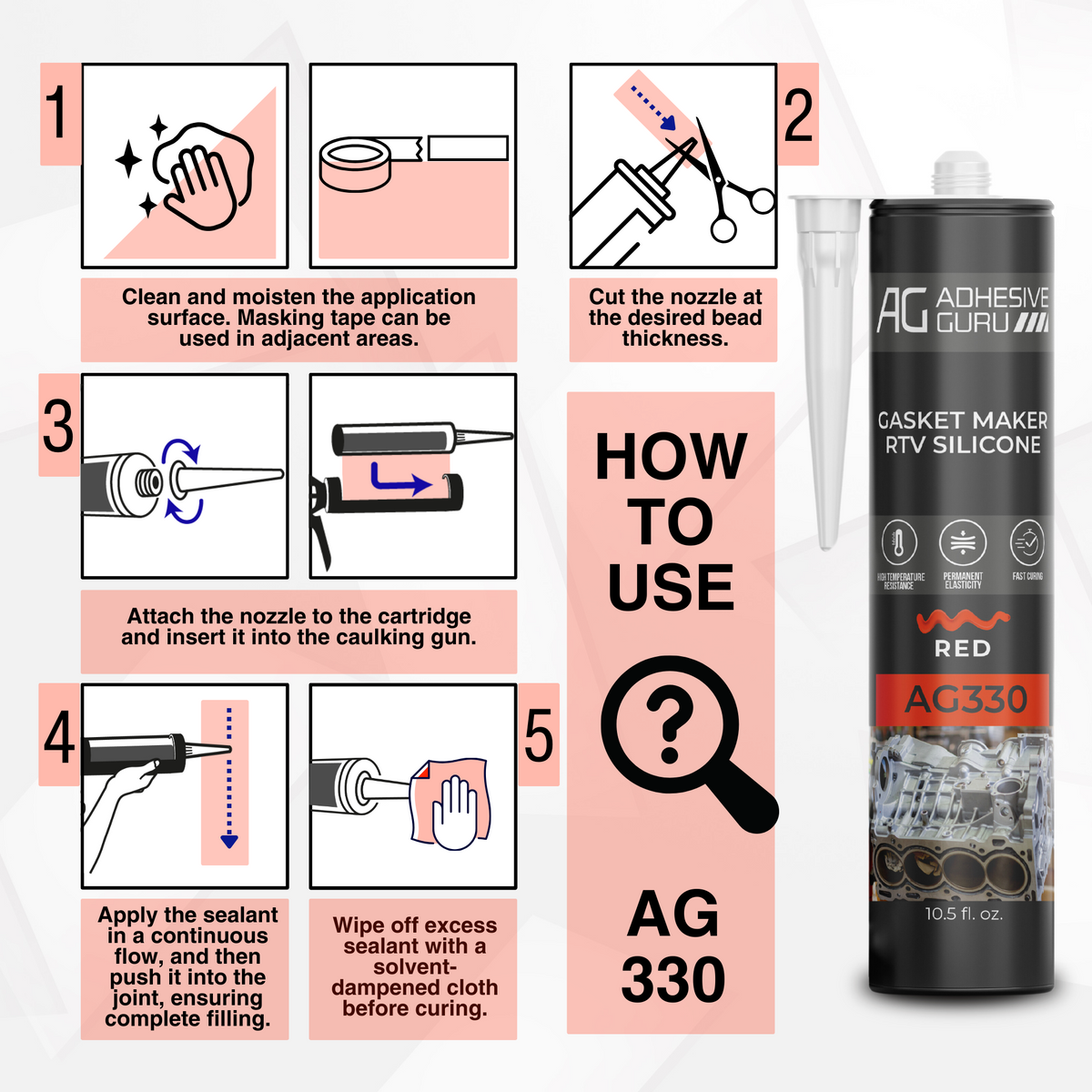 AG - Gasket Maker RTV Silicone - 10.5 fl oz - Red - AG330