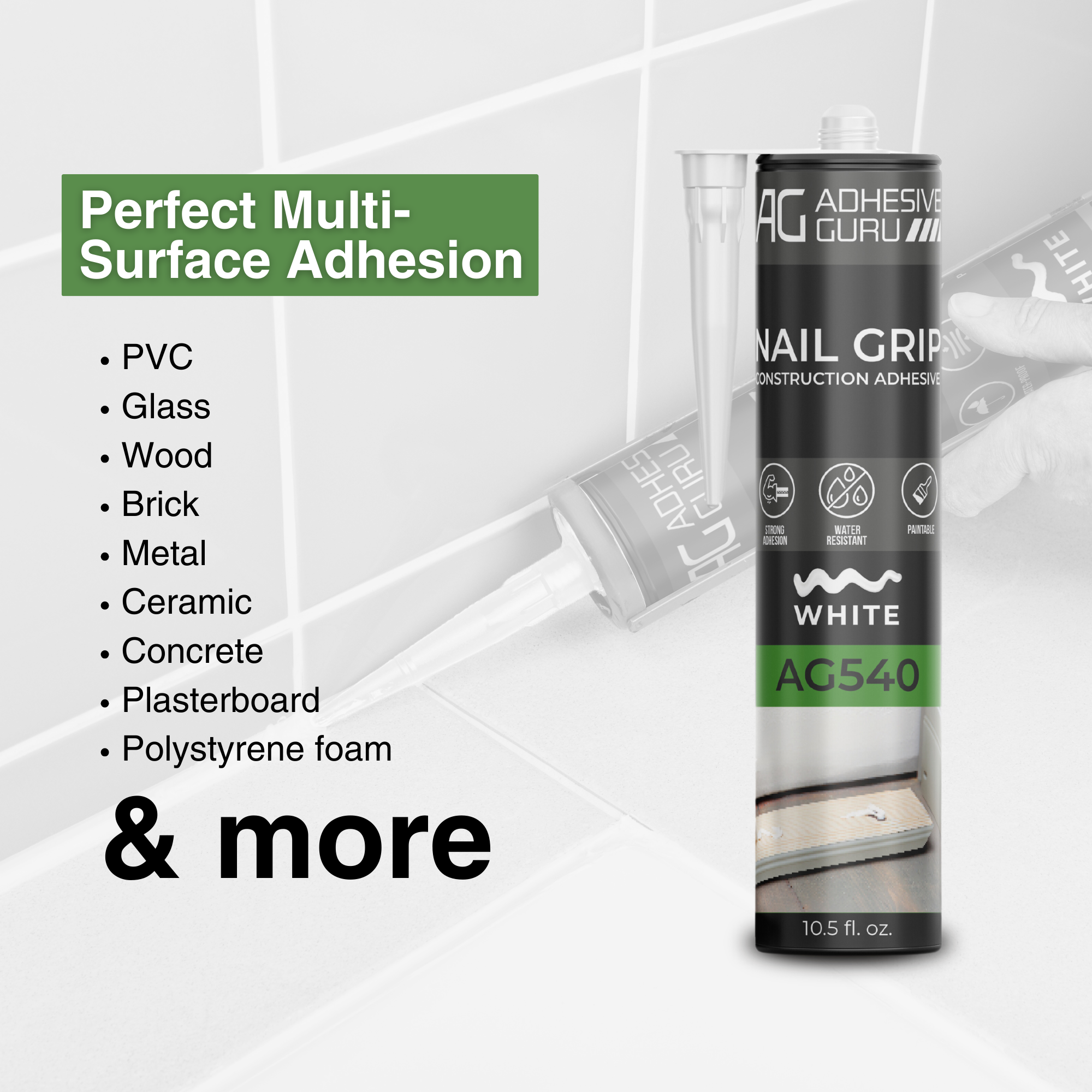Nail Grip Construction Adhesive - 10.5 fl oz - White - ADHESIVE GURU - AG540