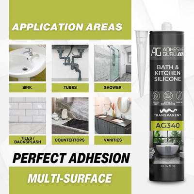 ADHESIVE GURU AG340 Bath & Kitchen Silicone 10.14 fl oz, Transparent