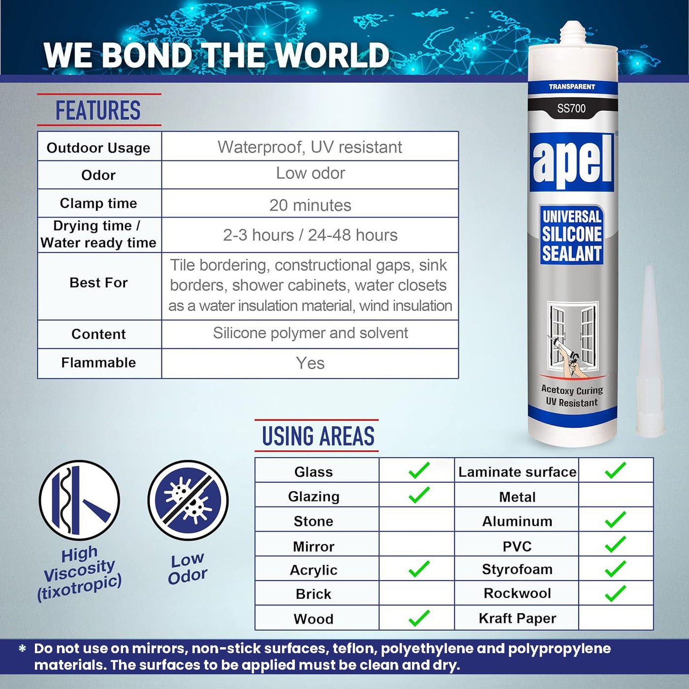 APEL SS700 Multipurpose Silicone Sealant 8.4 fl oz Clear