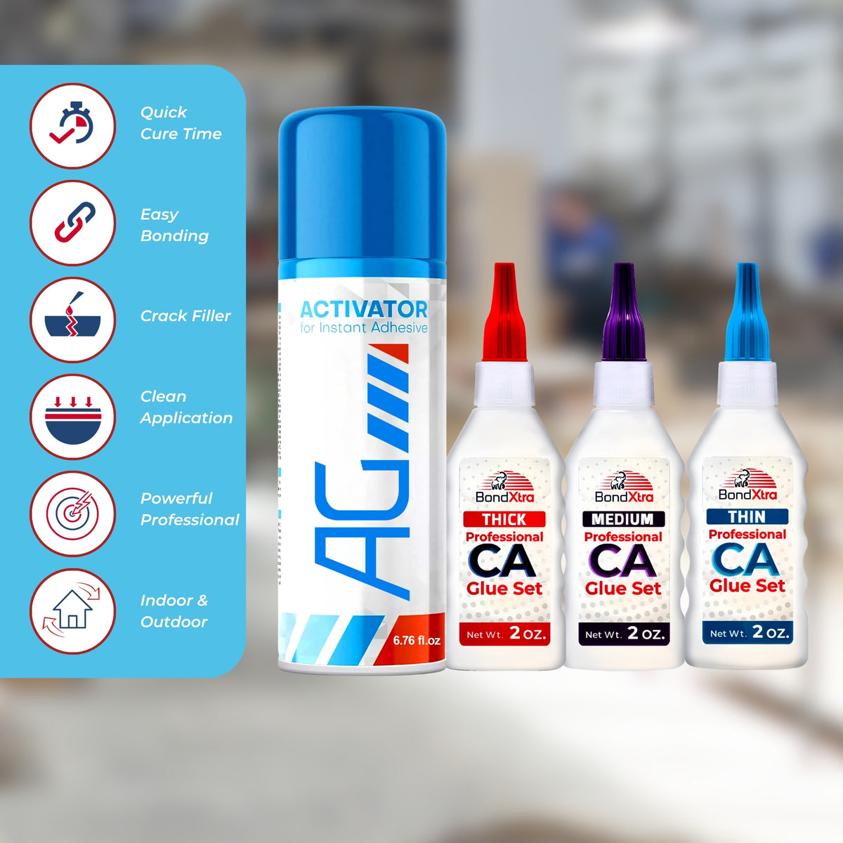 BXMix CA Glue Kit (3x2 oz.) Thick + Thin + Medium Viscosity & Activator Spray for DIY Repair, Craft, 3D Printing
