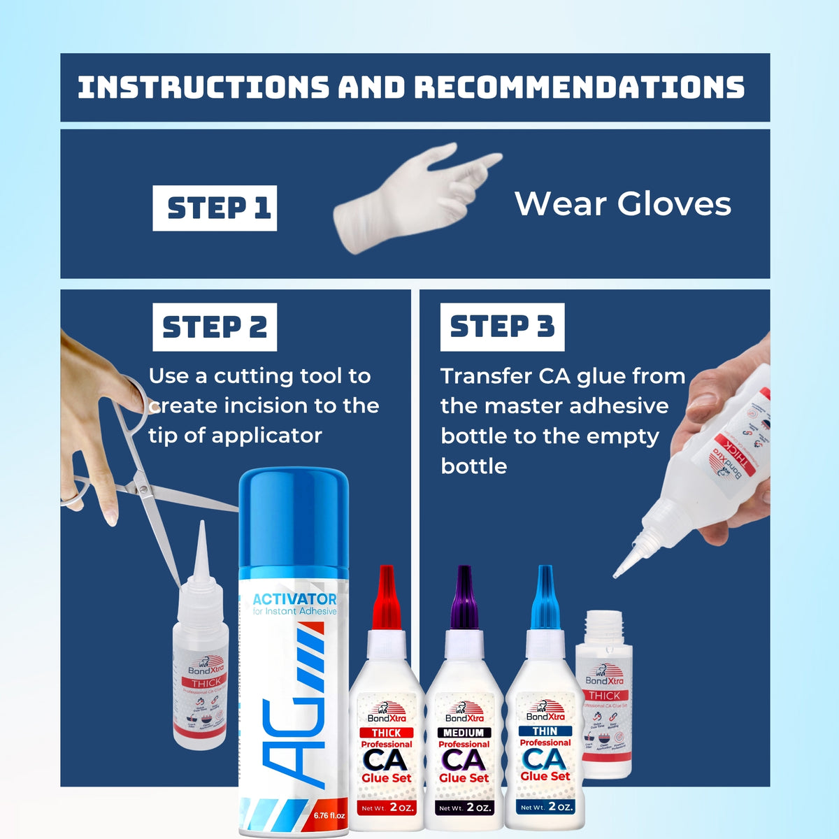 BXMix CA Glue Kit (3x2 oz.) Thick + Thin + Medium Viscosity & Activator Spray for DIY Repair, Craft, 3D Printing