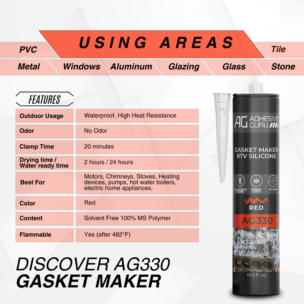 AG - Gasket Maker RTV Silicone - 10.5 fl oz - Red - AG330