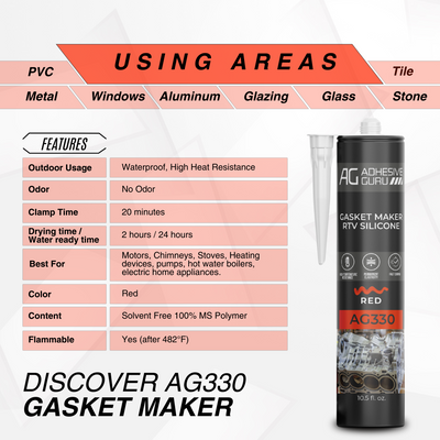 ADHESIVE GURU AG330 Gasket Maker RTV Silicone 10.5 fl oz, Red